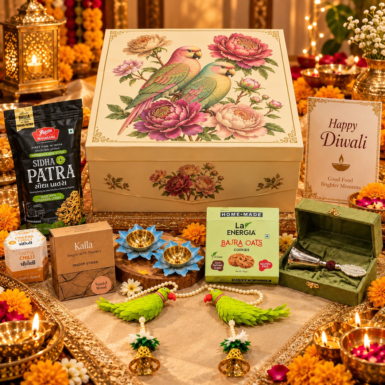 Diwali gift hamper with festive sweets and snacks